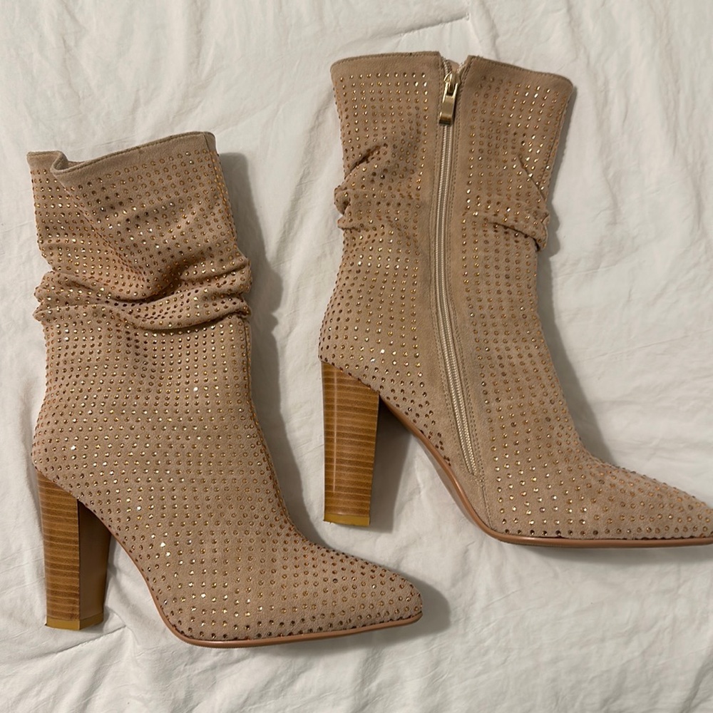 High heel slouch boot with gems